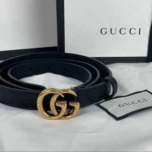 Gucci Black Leather Double G Thin Belt 95-38